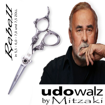 Udo Walz by MITZAKI - Haarschere "Rebell"- BLACK  (in 5.5 Zoll , 6.0 ZOLL, 7,0 Zoll oder 7,5 Zoll)Scherenbätter aus hochwertigem Japanstahl, perfekt  für alle Arbeiten am Haar, HOHLSCHLIFF, gute Sliceeigenschaft